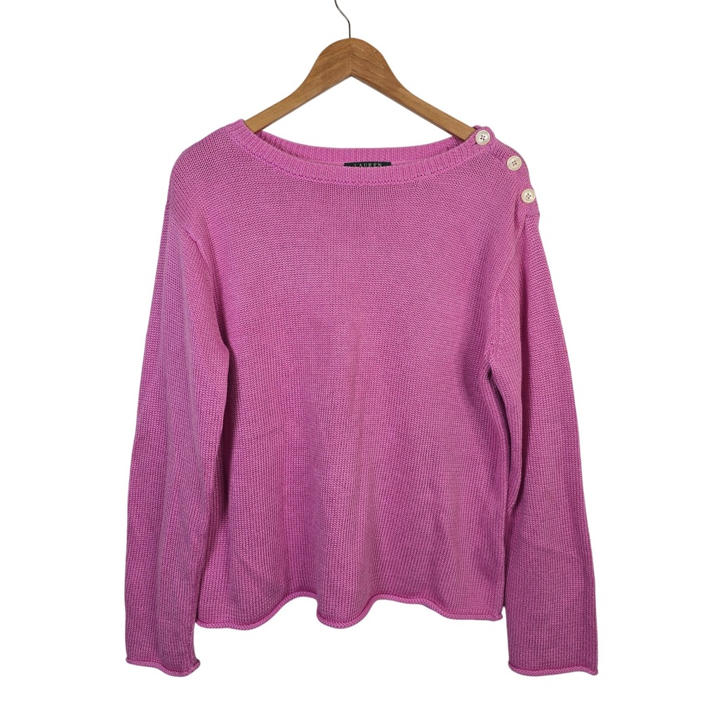 Lauren Ralph Lauren Pink Cotton Blend Boatneck Shoulder Button Sweater XL